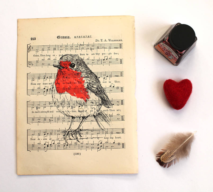 Robin Screen Print On Vintage Sheet Music Paper, 1 of 4