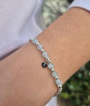 Sterling Silver March Aquamarine Beaded Bracelet: March Birthstone, Personalised Heart Charm, 2 of 4