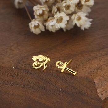 Mismatched Ankh And Eye Of Horus Stud Earrings In Sterling Silver, 10 of 12