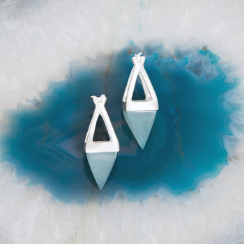Aqua Chalcedony Silver Pyramid Drop Earrings, 3 of 9