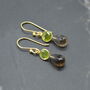 Smoky Quartz Peridot Earrings: Gold, Silver,Dangle Drop, thumbnail 3 of 6