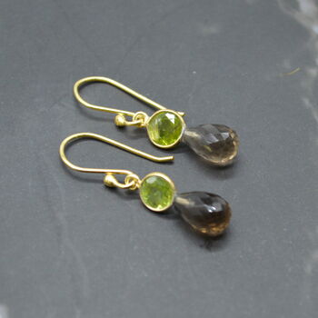 Smoky Quartz Peridot Earrings: Gold, Silver,Dangle Drop, 3 of 6