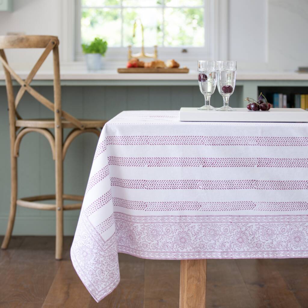 Raspberry Cotton Hand Block Print Tablecloth, 1 of 3