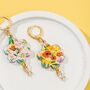18 K Gold Plated Huggie Earrings With Iridescent Summer Flowers And A Hanging Gemstone, thumbnail 5 of 9