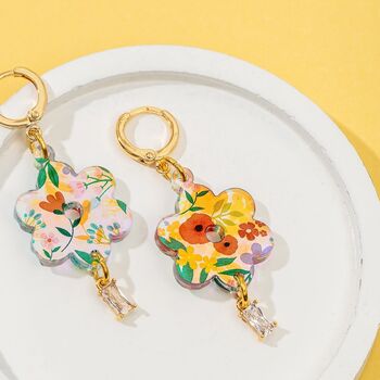 18 K Gold Plated Huggie Earrings With Iridescent Summer Flowers And A Hanging Gemstone, 5 of 9