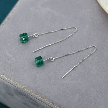 Sterling Silver Green Cz Cube Threader Earrings, 4 of 10