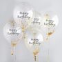 Five Gold Happy Birthday Confetti Balloons, thumbnail 1 of 2