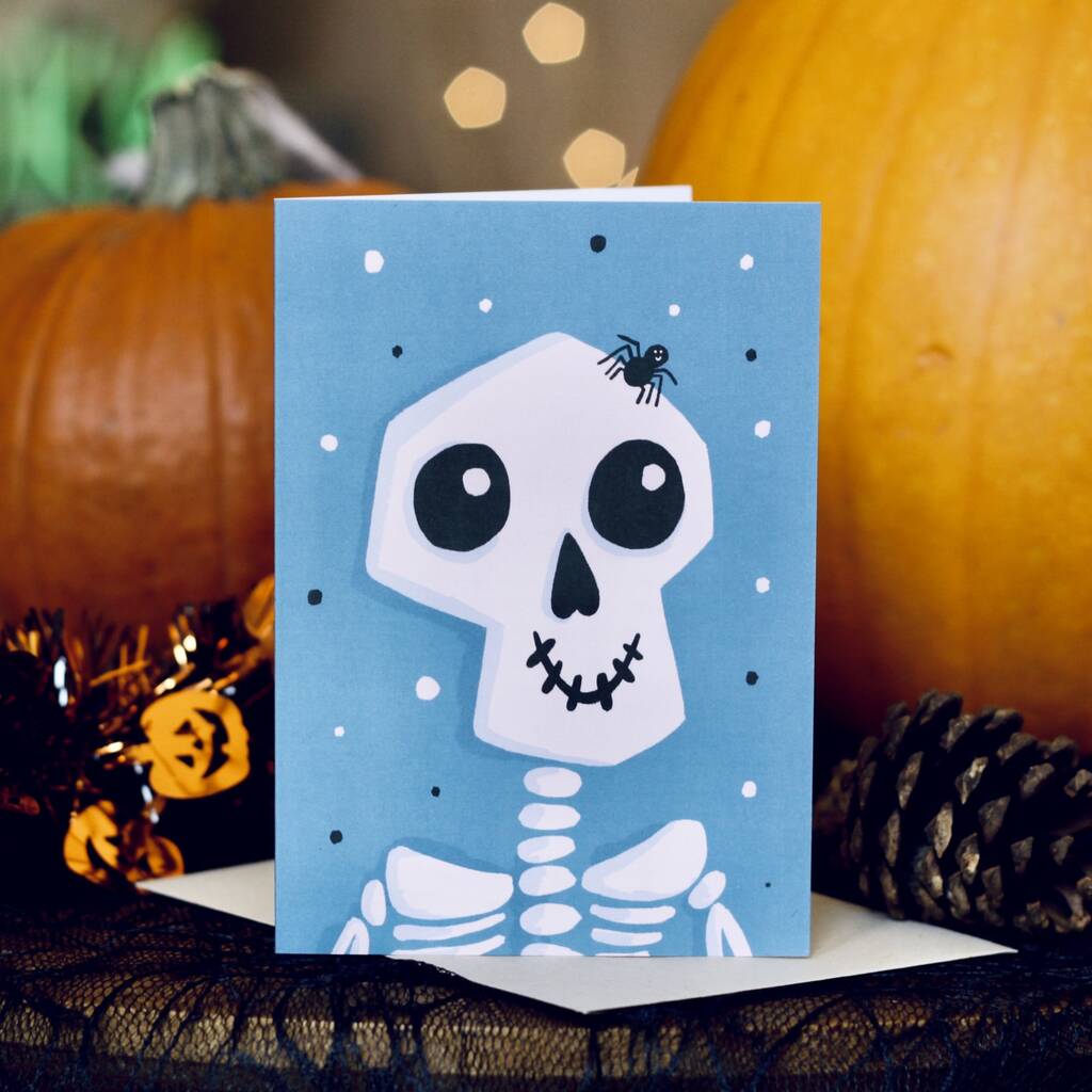 Blue Happy Skeleton Halloween Greetings Card, 1 of 5