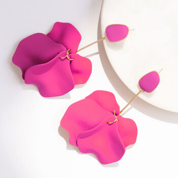 Fuchsia Pink Hand Painted Large Petal Drop Earrings, 3 of 3