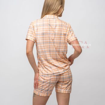 Orange White Plaid Soft Cotton Night Short Pyjama Set, 2 of 6