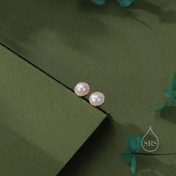 Sterling Silver Genuine Freshwater Pearl Cz Stud Earrings, 6 of 12
