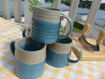 Set Of Four Reactive Glaze Brûlée Mugs In Light Blue And Grey Mist, 8 of 10