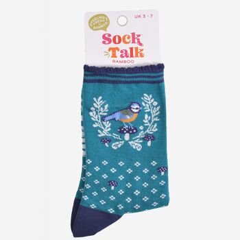 Women's Bamboo Socks Blue Tit Wreath, 5 of 5