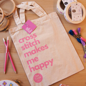 Cross Stitch Makes Me Happy Tote Bag, Pink, 2 of 3