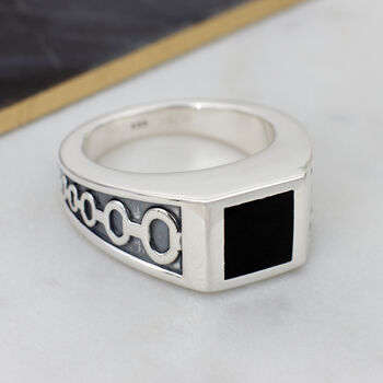 Mens Personalised Silver And Semi Precious Onyx Ring, 3 of 5