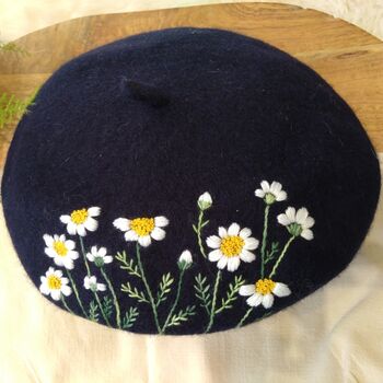 Navy Beret Hat With Daisy Flower, 3 of 5