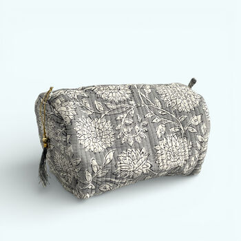 Grey Floral Block Print Cotton Washbag, Make Up Bag, With Waterproof Lining Set Of Three, 5 of 6