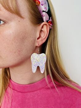 Tooth Glitter Earrings / Dentist Graduation Gift / Dental Hygienist Statement Dangles / Tooth Fairy Novelty Jewellery, 10 of 10