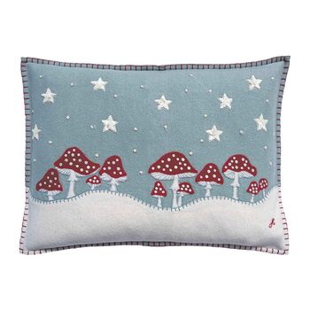 Enchanted Red Mushroom Snowy Wool Cushion With Hand Embroidery And Sequin Stars, 3 of 3