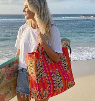 Tote Bag Cotton Tiger Print Quilted Beach Bag, 3 of 6
