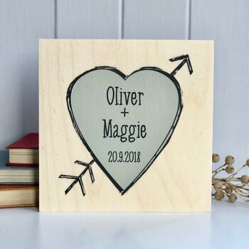 Love Heart With Names And A Date Printed On Wood, 3 of 11