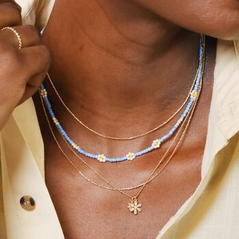 Stainless Steel Blue Beaded Flower Charm Necklace In Gold Plating, 4 of 5