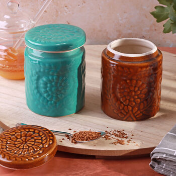 G Decor Embossed Bloom Handmade Ceramic Jars Storage With Floral Motif Lids, 2 of 4