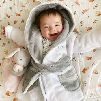 Personalised White And Grey Baby Dressing Gown, 3 of 10