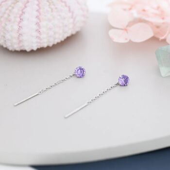 Sterling Silver Amethyst Purple Cz Threader Earrings, 4 of 10