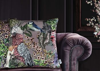 Wild Captivity Birds And Bird Cages Cushion With Flowers In Luxury Velvet On Dusty Pink, 3 of 10