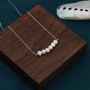 Sterling Silver Genuine Freshwater Pearl Bar Pendant Necklace, 6 of 11
