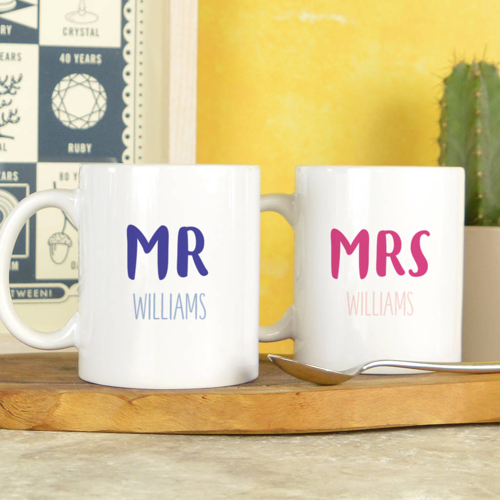 pair of mr and mrs mugs by pink and turquoise