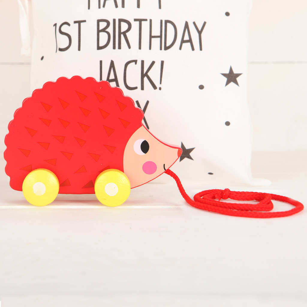 Image of Wooden Pull Along Hedgehog Toy With Personalised Bag