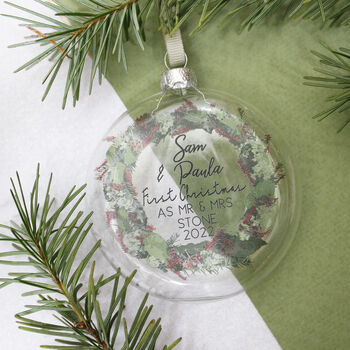 First Married Christmas Wreath Flat Glass Bauble, 6 of 8