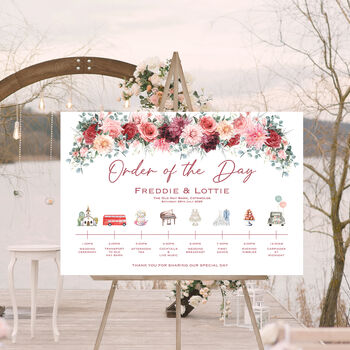 Wedding Order Of The Day Sign Burgundy Red Pink Flowers, 4 of 10