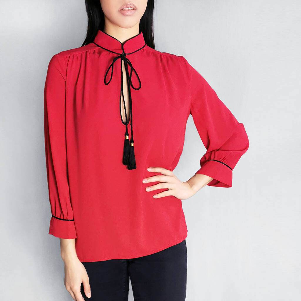Brera Red Crepe Blouse With Black Tassels, 1 of 3