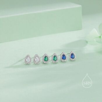 Sterling Silver Tiny Sapphire Blue Droplet Cz Halo Stud Earrings, 8 of 12
