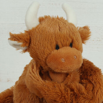 Highland Cow Brown Toy Soother With Engraved Heart, 8 of 12