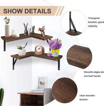 Four Pieces Dark Brown Corner Wall Mounted Shelves, 6 of 7