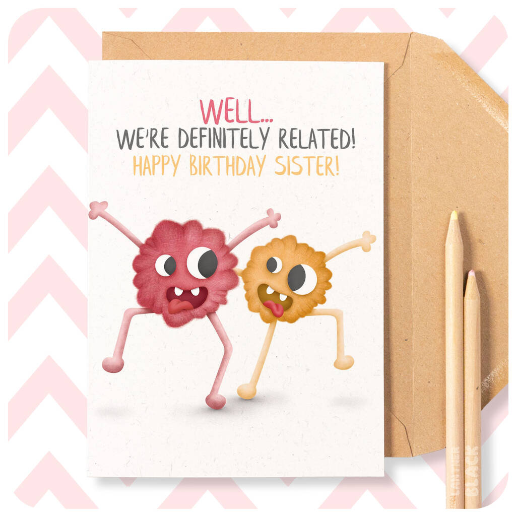 Funny Happy Birthday Sister Card, Cute Crazy Definitely Related Monsters From Brother Sis, 1 of 4