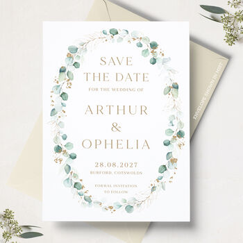 Save The Date Cards With Green And Gold Leaf, 4 of 6