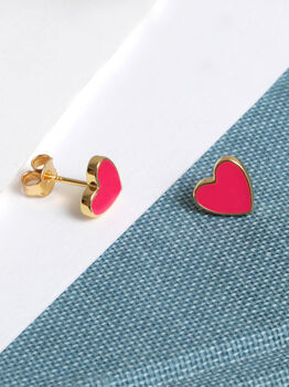 18 K Gold Vermeil Pink Enamel Love Heart Stud Earrings, 4 of 9