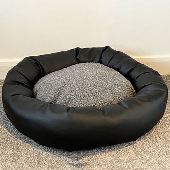 Vegan Leather Donut Dog Bed With Sherpa Fleece Cushion, 9 of 12