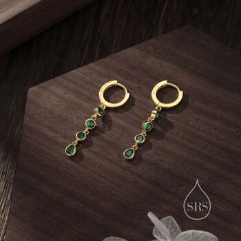 Emerald Green Cz Dangle Chain Huggie Hoop Earrings, 5 of 10