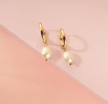 Thin Gold Hoop Earrings With Chunky Real Pearl Charms, 2 of 4