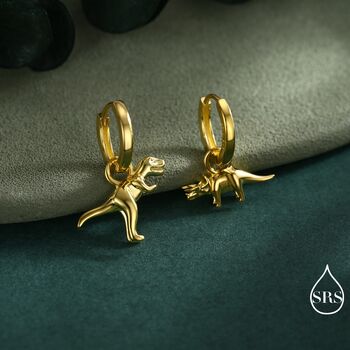 Sterling Silver Mismatched T Rex And Triceratops Hoop Earrings, 4 of 12