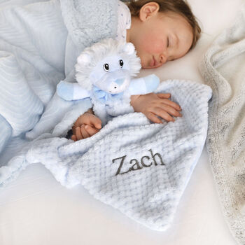 Personalised Blue Sherpa Blanket And Lion Comforter Set, 4 of 8