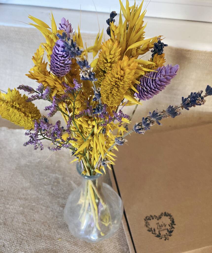 Purple And Yellow Dried Flowers Letterbox Gift By Zoe’s Blooms