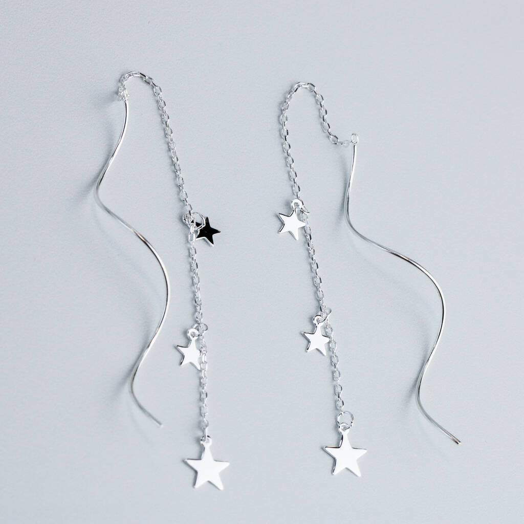 Sterling Silver Star Chain Threader Earrings, 1 of 3