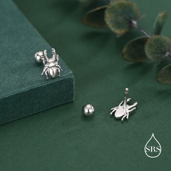 Sterling Silver Beetle 18 G Screw Back Stud Earring With Ball Back, 3 of 10